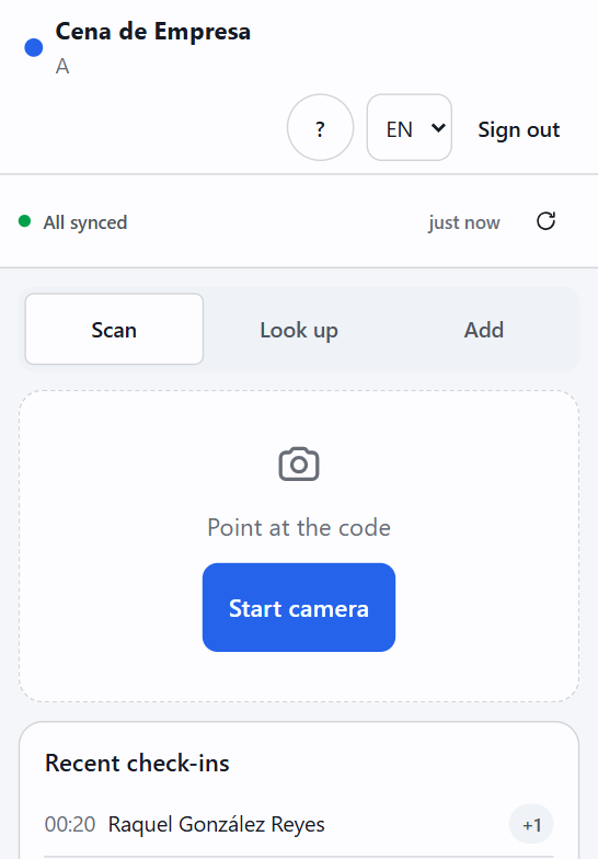 The volunteer view on a phone, with the sync status and the scan, search and add tabs