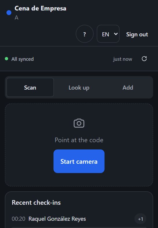 The volunteer view on a phone, with the sync status and the scan, search and add tabs