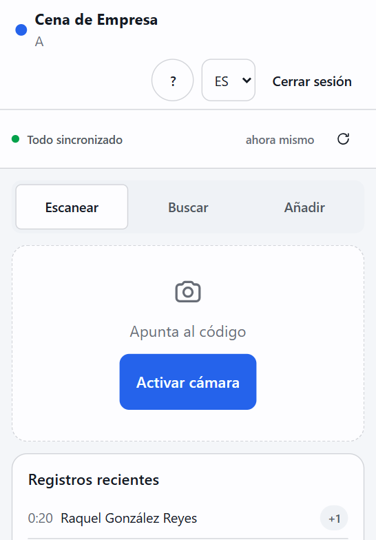 Vista de voluntario en un teléfono, con el estado de sincronización y las pestañas de escanear, buscar y añadir