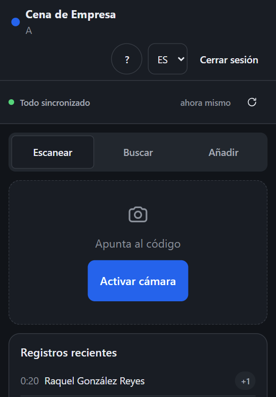 Vista de voluntario en un teléfono, con el estado de sincronización y las pestañas de escanear, buscar y añadir