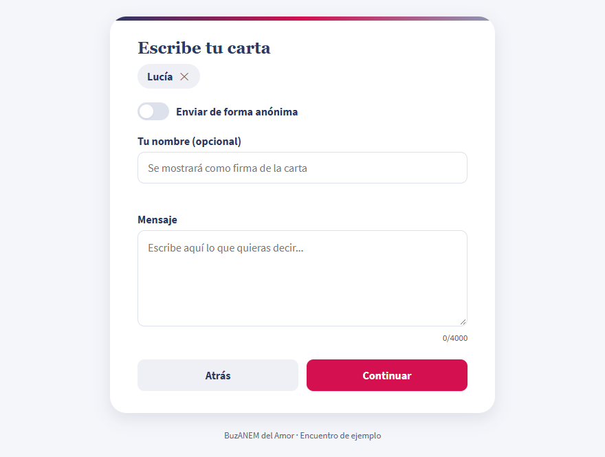 Formulario para escribir una carta, con el destinatario elegido y la opción de enviarla de forma anónima