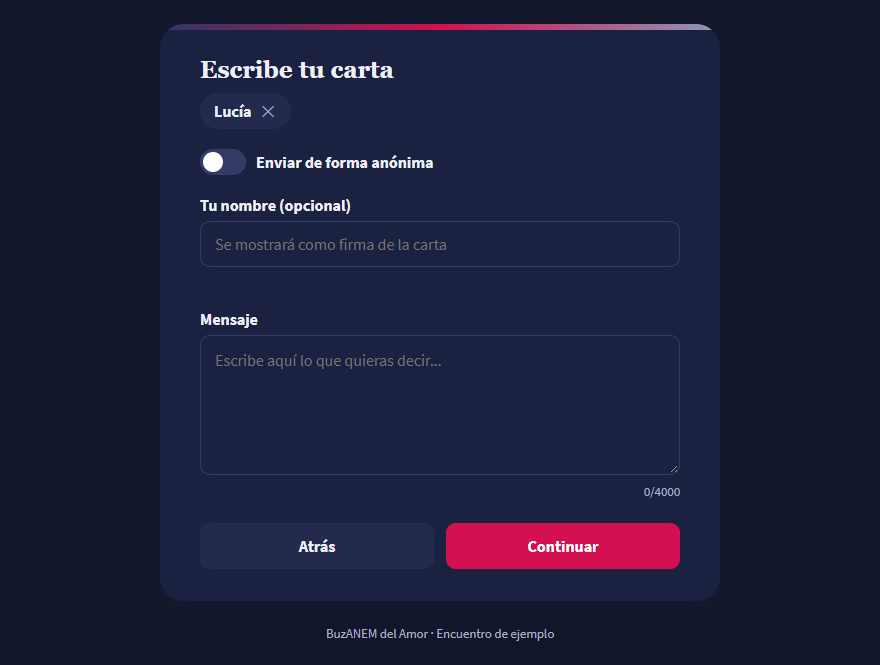 Formulario para escribir una carta, con el destinatario elegido y la opción de enviarla de forma anónima