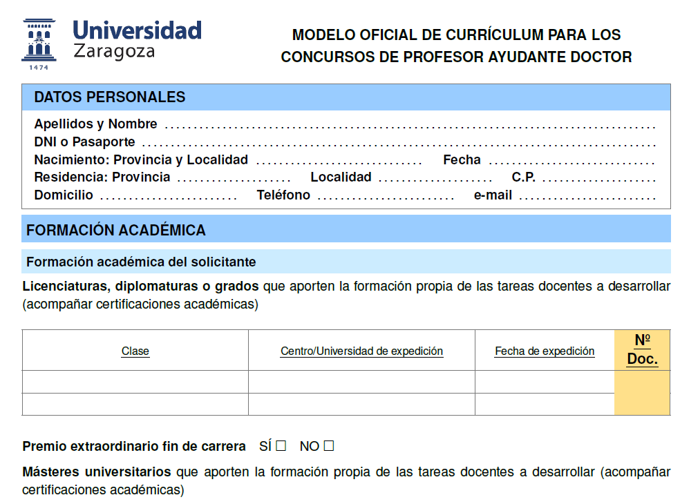 Primera página del formulario oficial de currículum reconstruido en LaTeX